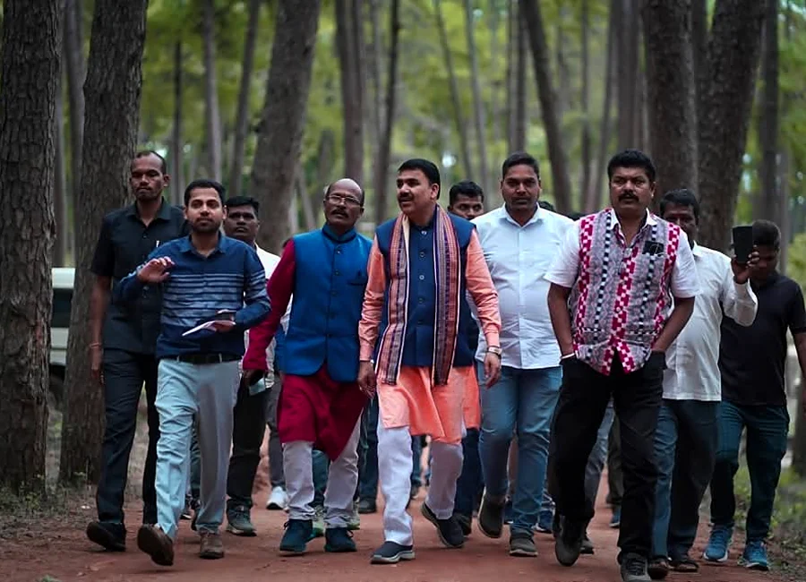 Ministerial delegation walking through Daringbadi Pine Forest